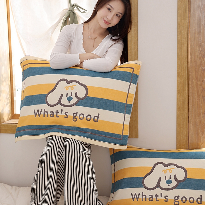 91家纺网 家纺一手货源 找家纺 朴尔家纺-毛巾被 2026新款格致系列全棉纯棉加厚六层纱布枕巾 彩条狗-黄