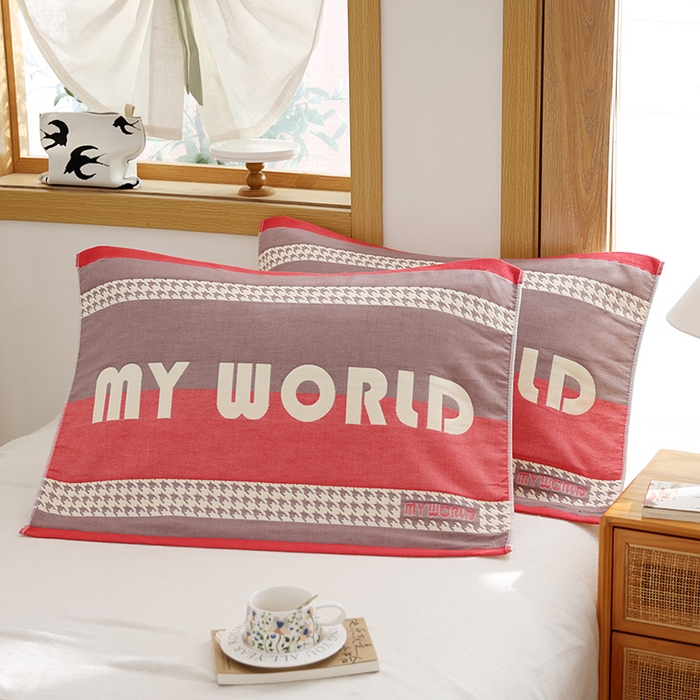 91家纺网 家纺一手货源 找家纺 朴尔家纺-毛巾被 2026新款格致系列全棉纯棉加厚六层纱布枕巾 南法假日-红