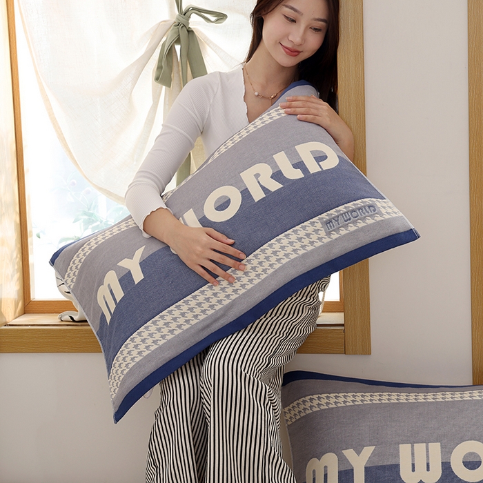 91家纺网 家纺一手货源 找家纺 朴尔家纺-毛巾被 2026新款格致系列全棉纯棉加厚六层纱布枕巾 南法假日-蓝