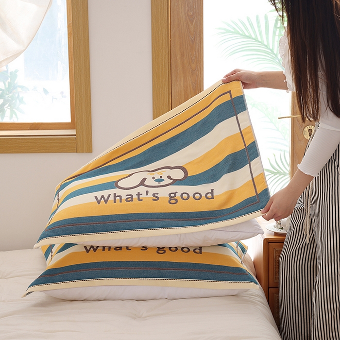 91家纺网 家纺一手货源 找家纺 朴尔家纺-毛巾被 2026新款格致系列全棉纯棉加厚六层纱布枕巾 彩条狗-黄