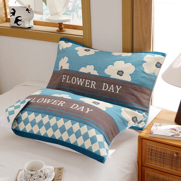 91家纺网 家纺一手货源 找家纺 朴尔家纺-毛巾被 2026新款格致系列全棉纯棉加厚六层纱布枕巾 世家花园-蓝