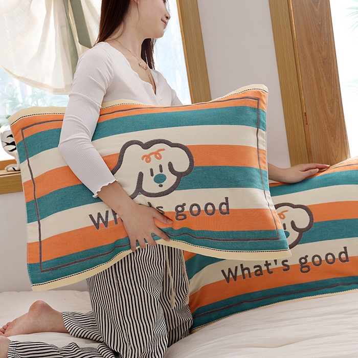 91家纺网 家纺一手货源 找家纺 朴尔家纺-毛巾被 2026新款格致系列全棉纯棉加厚六层纱布枕巾 彩条狗-橘