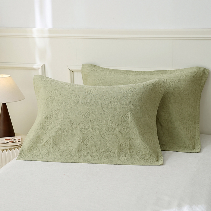 朴尔家纺-毛巾被 2026新款浮雕凤尾花纯色全棉纯棉三层纱布枕巾 浮雕凤尾花-抹茶