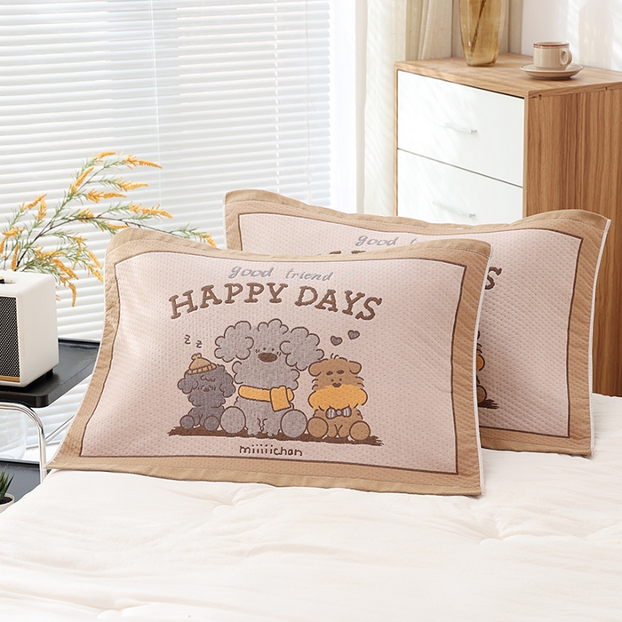 91家纺网 家纺一手货源 找家纺 朴尔家纺-毛巾被 2026新款卡通定位全棉纯棉四层纱布枕巾 奶狗小队-咖