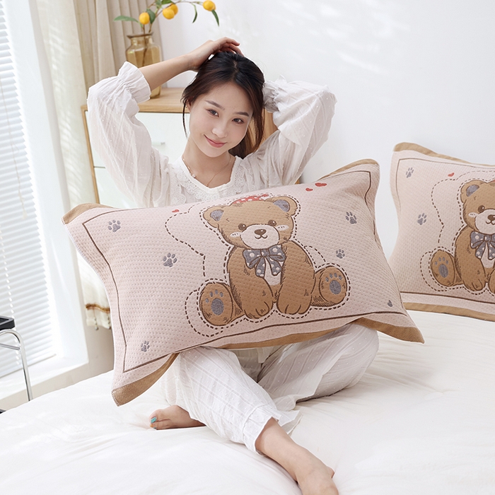 91家纺网 家纺一手货源 找家纺 朴尔家纺-毛巾被 2026新款卡通定位全棉纯棉四层纱布枕巾 呆萌熊-咖