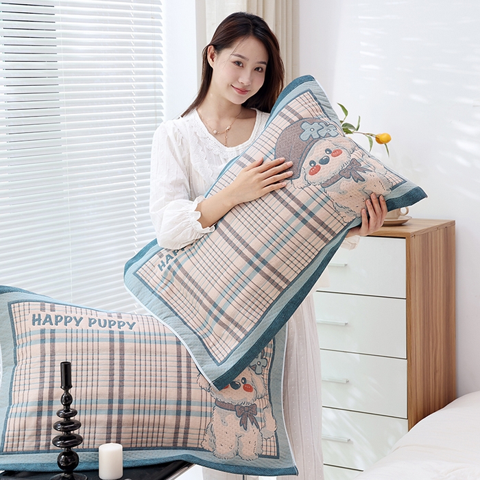 91家纺网 家纺一手货源 找家纺 朴尔家纺-毛巾被 2026新款卡通定位全棉纯棉四层纱布枕巾 优雅汪-蓝