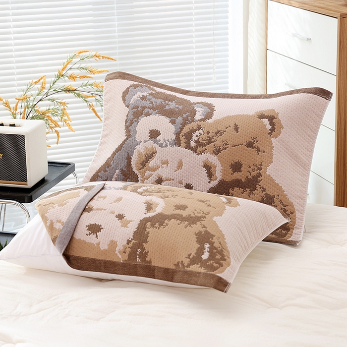 91家纺网 家纺一手货源 找家纺 朴尔家纺-毛巾被 2026新款卡通定位全棉纯棉四层纱布枕巾 心相印-咖