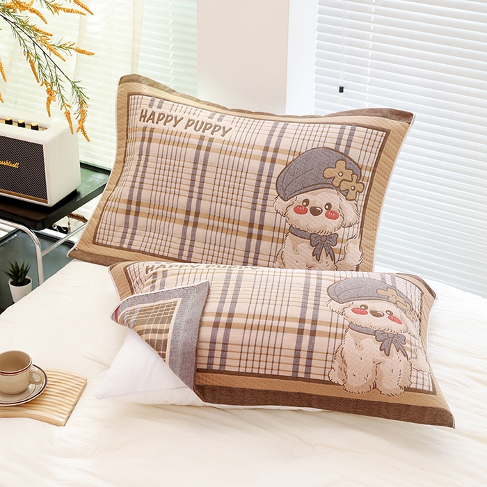 91家纺网 家纺一手货源 找家纺 朴尔家纺-毛巾被 2026新款卡通定位全棉纯棉四层纱布枕巾 优雅汪-咖