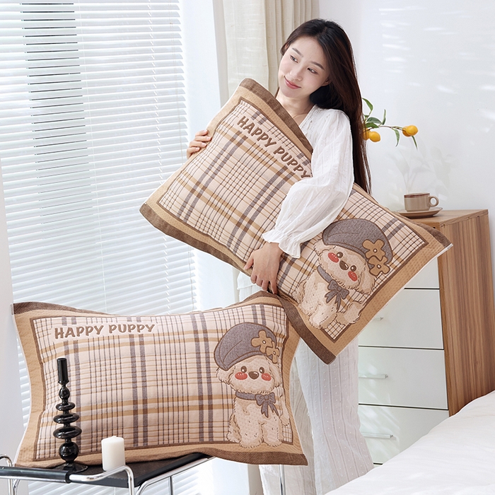 91家纺网 家纺一手货源 找家纺 朴尔家纺-毛巾被 2026新款卡通定位全棉纯棉四层纱布枕巾 优雅汪-咖