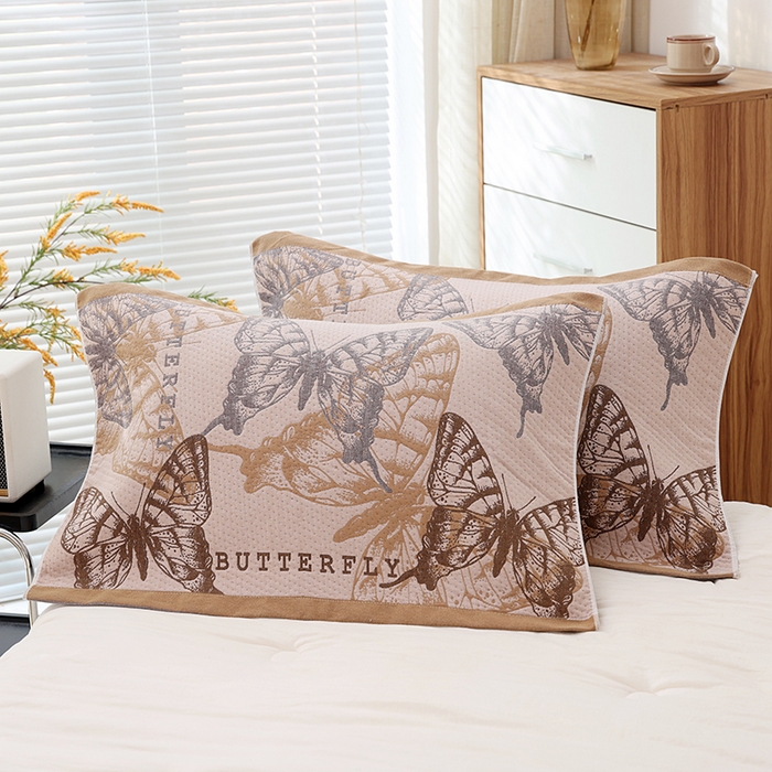 91家纺网 家纺一手货源 找家纺 朴尔家纺-毛巾被 2026新款卡通定位全棉纯棉四层纱布枕巾 梦幻蝶舞-咖