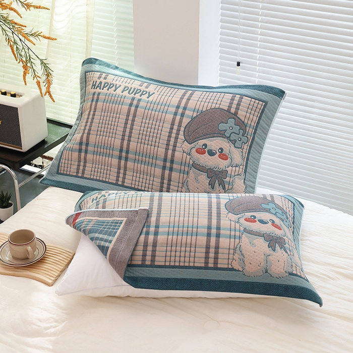 91家纺网 家纺一手货源 找家纺 朴尔家纺-毛巾被 2026新款卡通定位全棉纯棉四层纱布枕巾 优雅汪-蓝