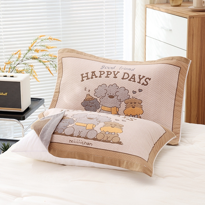 91家纺网 家纺一手货源 找家纺 朴尔家纺-毛巾被 2026新款卡通定位全棉纯棉四层纱布枕巾 奶狗小队-咖