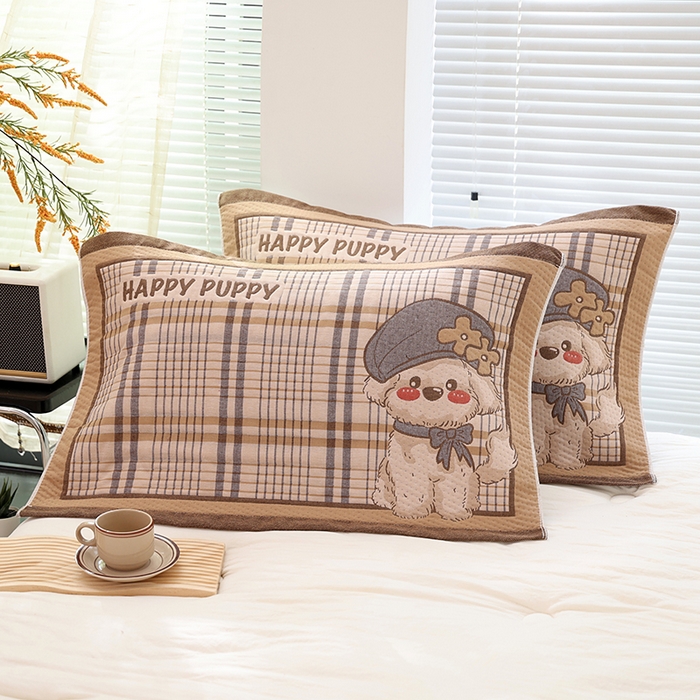 91家纺网 家纺一手货源 找家纺 朴尔家纺-毛巾被 2026新款卡通定位全棉纯棉四层纱布枕巾 优雅汪-咖