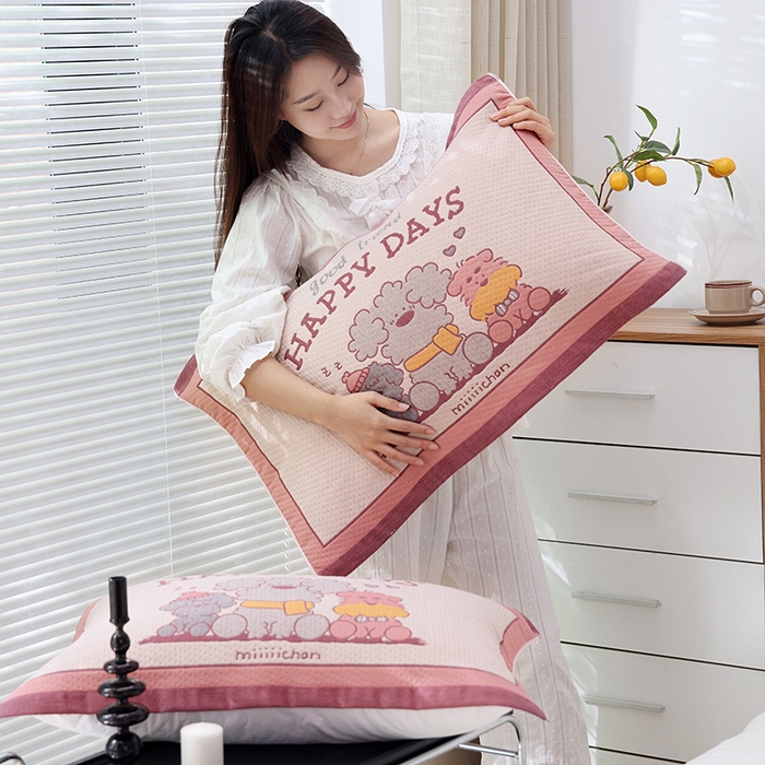 91家纺网 家纺一手货源 找家纺 朴尔家纺-毛巾被 2026新款卡通定位全棉纯棉四层纱布枕巾 奶狗小队-粉