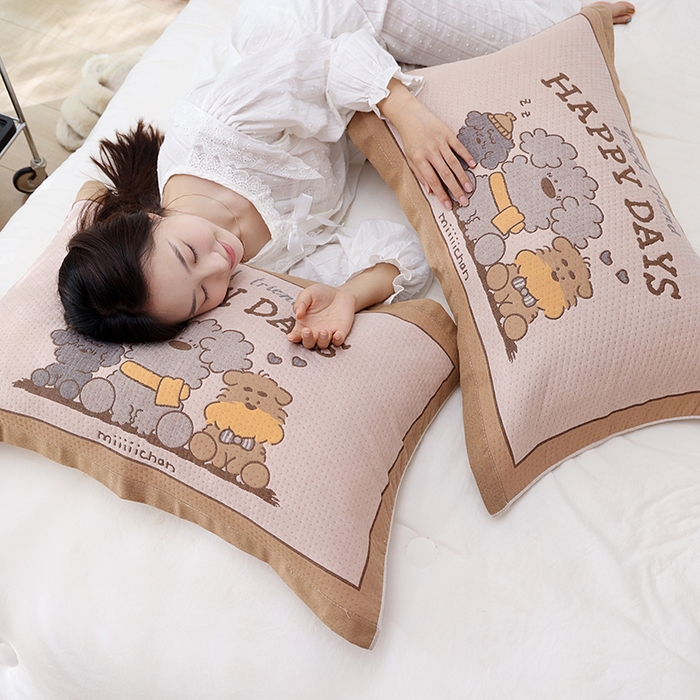 91家纺网 家纺一手货源 找家纺 朴尔家纺-毛巾被 2026新款卡通定位全棉纯棉四层纱布枕巾 奶狗小队-咖