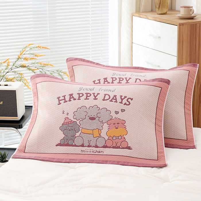 91家纺网 家纺一手货源 找家纺 朴尔家纺-毛巾被 2026新款卡通定位全棉纯棉四层纱布枕巾 奶狗小队-粉