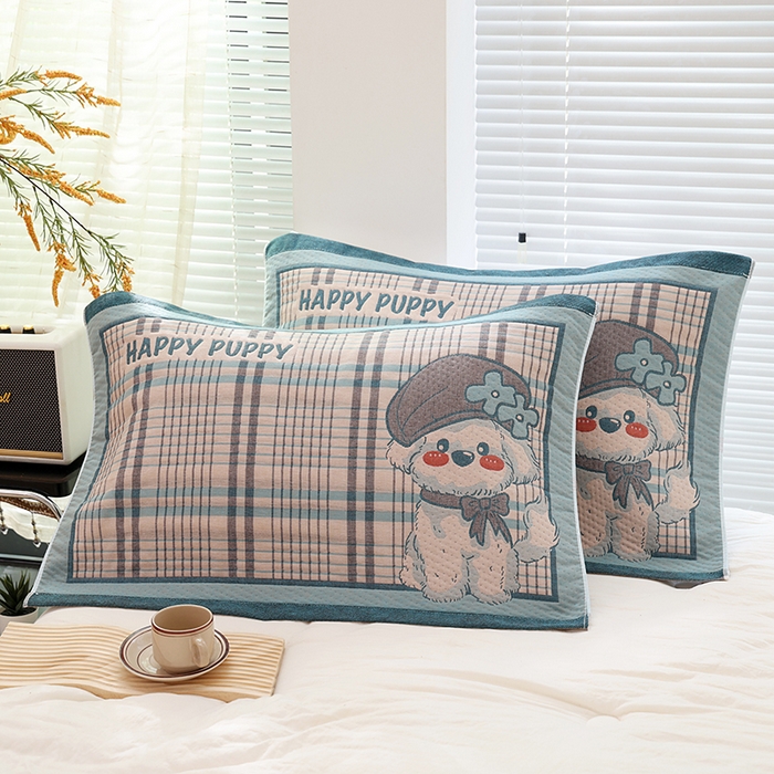 91家纺网 家纺一手货源 找家纺 朴尔家纺-毛巾被 2026新款卡通定位全棉纯棉四层纱布枕巾 优雅汪-蓝