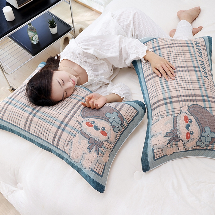 91家纺网 家纺一手货源 找家纺 朴尔家纺-毛巾被 2026新款卡通定位全棉纯棉四层纱布枕巾 优雅汪-蓝