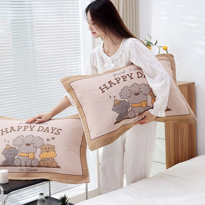 91家纺网 家纺一手货源 找家纺 朴尔家纺-毛巾被 2026新款卡通定位全棉纯棉四层纱布枕巾 奶狗小队-咖