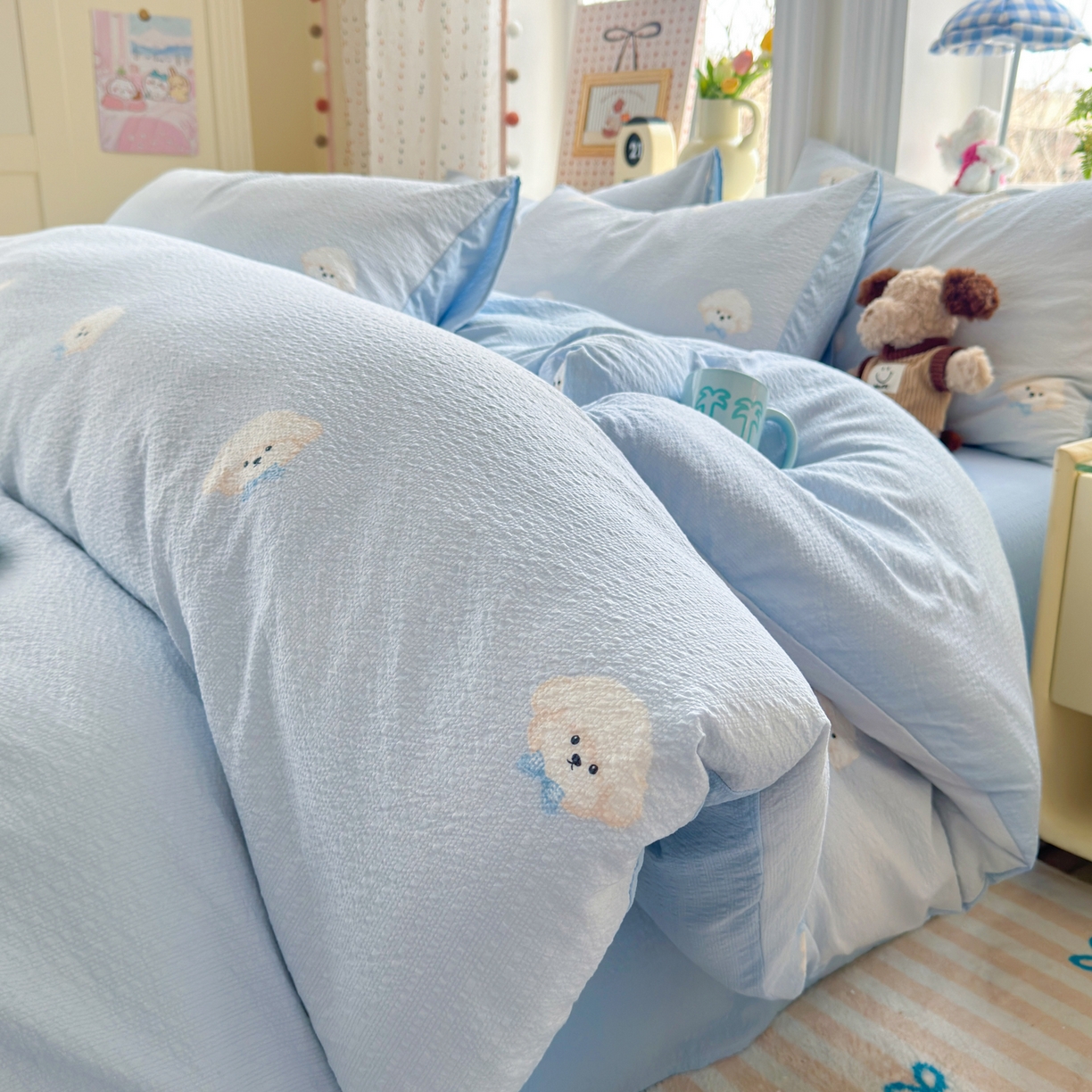 91家纺网 家纺一手货源 找家纺 （总）优承佳生活馆 2026年新款卡通小清新风格高克重超柔软糯泡芙双层纱面料三件套四件套单被套系列