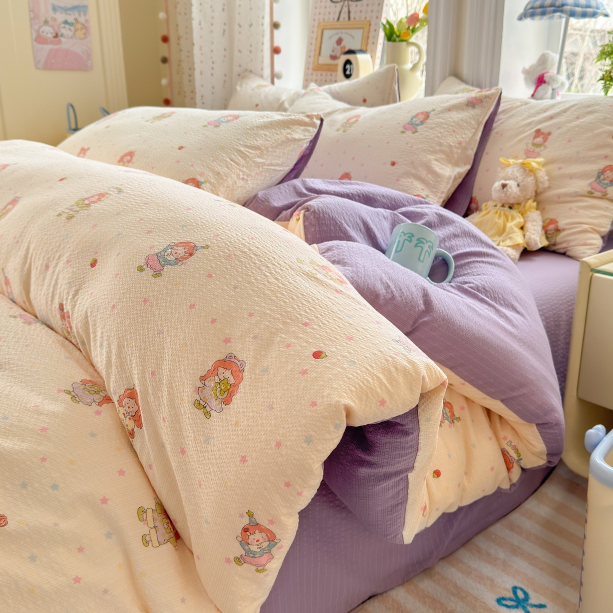 91家纺网 家纺一手货源 找家纺 （总）优承佳生活馆 2026年新款卡通小清新风格高克重超柔软糯泡芙双层纱面料三件套四件套单被套系列