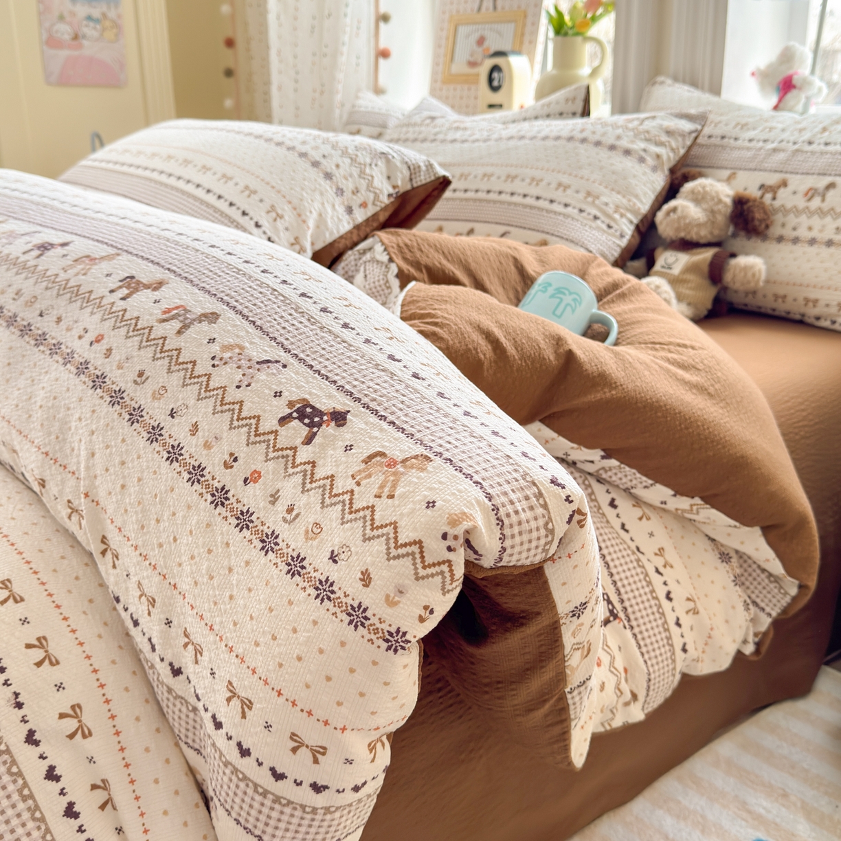 91家纺网 家纺一手货源 找家纺 （总）优承佳生活馆 2026年新款卡通小清新风格高克重超柔软糯泡芙双层纱面料三件套四件套单被套系列