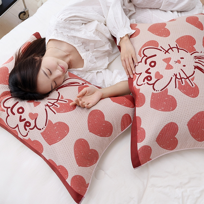 91家纺网 家纺一手货源 找家纺 朴尔家纺-毛巾被 2026新款卡通定位全棉纯棉四层纱布枕巾 心跳小兔-红