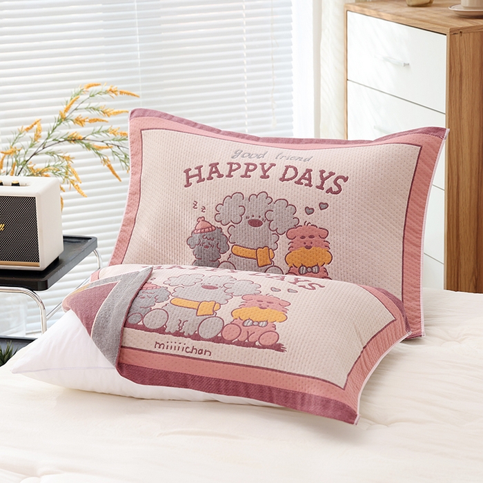 91家纺网 家纺一手货源 找家纺 朴尔家纺-毛巾被 2026新款卡通定位全棉纯棉四层纱布枕巾 奶狗小队-粉