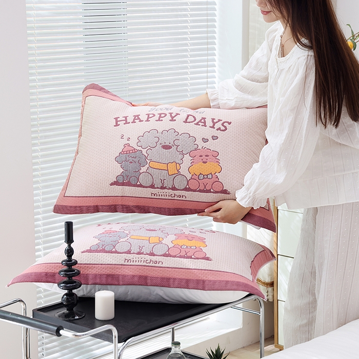 91家纺网 家纺一手货源 找家纺 朴尔家纺-毛巾被 2026新款卡通定位全棉纯棉四层纱布枕巾 奶狗小队-粉