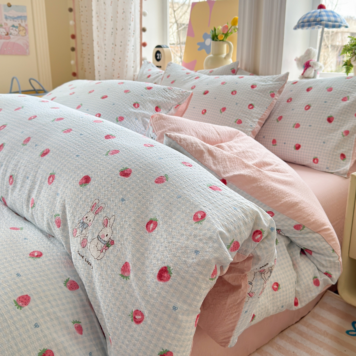 91家纺网 家纺一手货源 找家纺 （总）优承佳生活馆 2026年新款卡通小清新风格高克重超柔软糯泡芙双层纱面料三件套四件套单被套系列