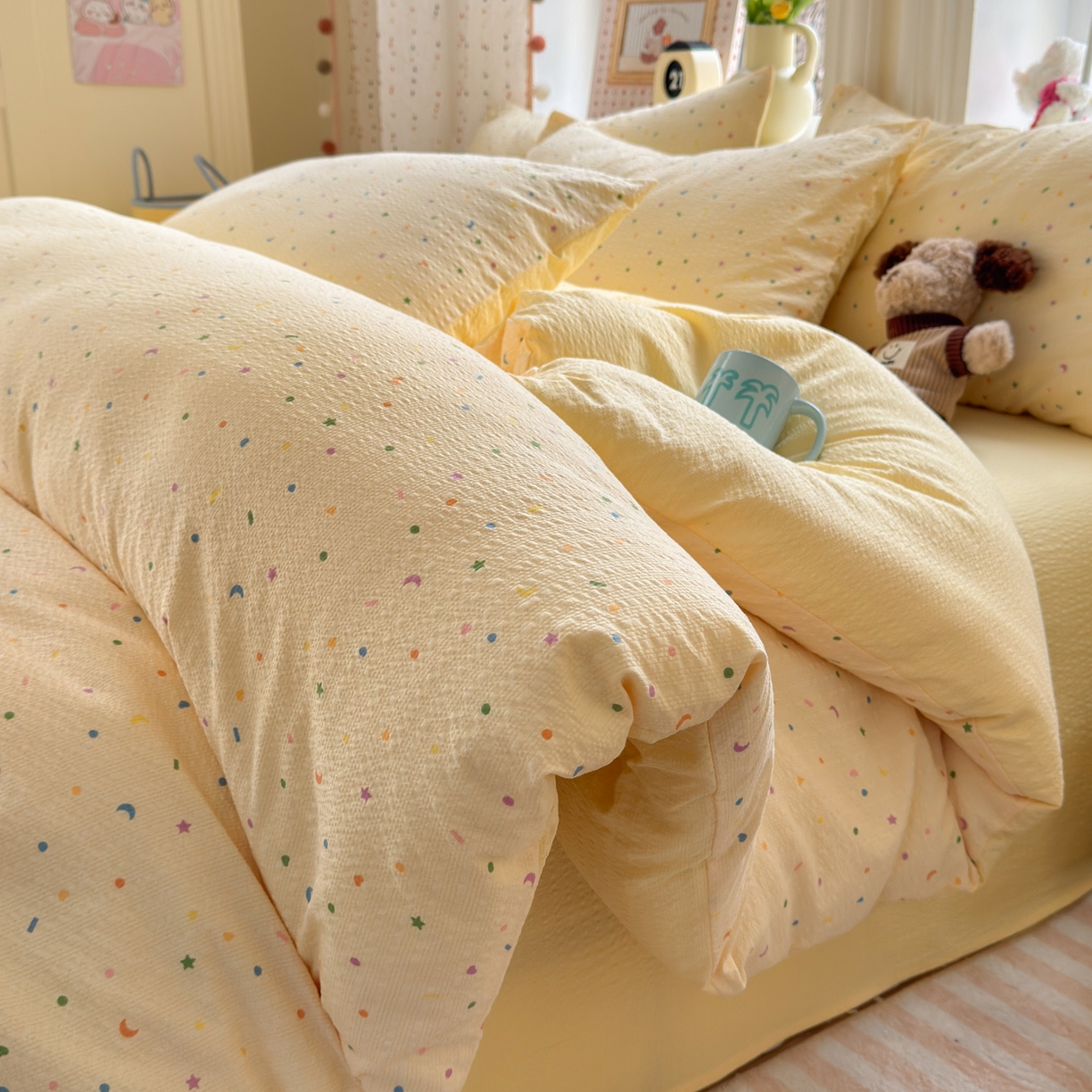 91家纺网 家纺一手货源 找家纺 （总）优承佳生活馆 2026年新款卡通小清新风格高克重超柔软糯泡芙双层纱面料三件套四件套单被套系列