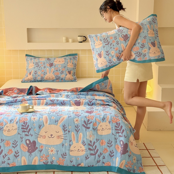 91家纺网 家纺一手货源 找家纺 朴尔家纺-毛巾被 2026新款彩棉云柔全棉纯棉三层纱布枕巾 安妮花园