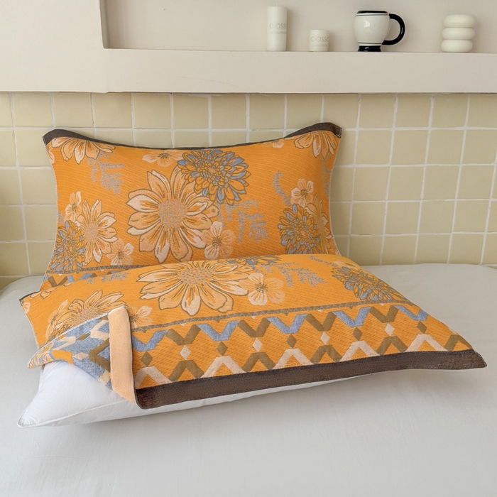 91家纺网 家纺一手货源 找家纺 朴尔家纺-毛巾被 2026新款彩棉云柔全棉纯棉三层纱布枕巾 满庭芳华