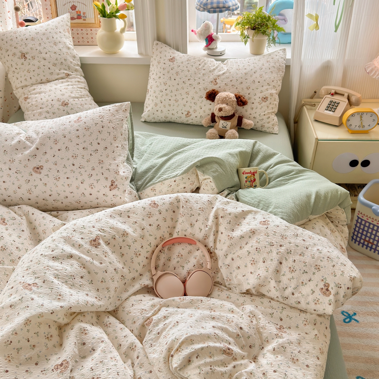 91家纺网 家纺一手货源 找家纺 优承佳生活馆 2026年新款卡通小清新风格高克重超柔软糯泡芙双层纱面料三件套四件套单被套系列 春日木马