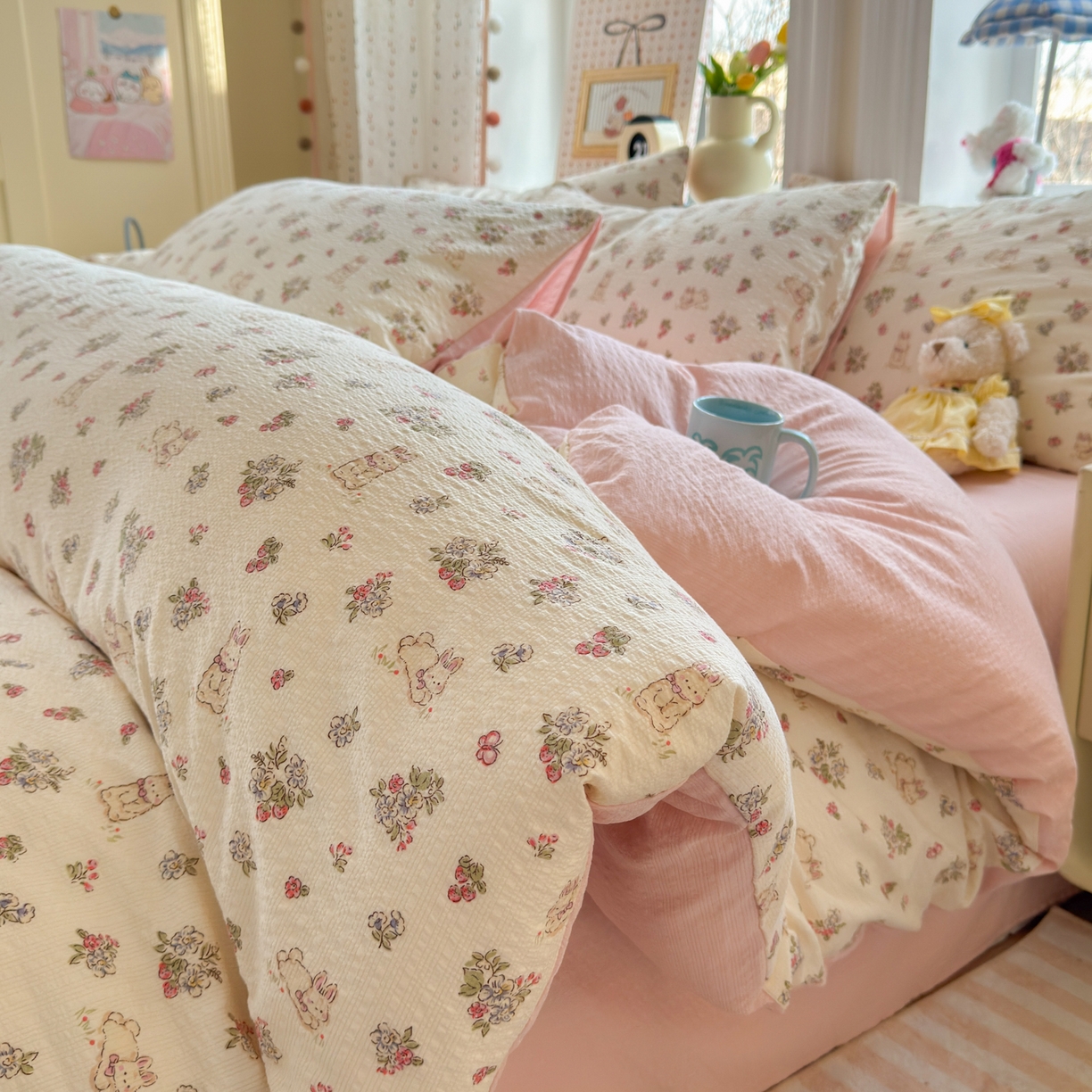 优承佳生活馆 2026年新款卡通小清新风格高克重超柔软糯泡芙双层纱面料三件套四件套单被套系列 花间兔语
