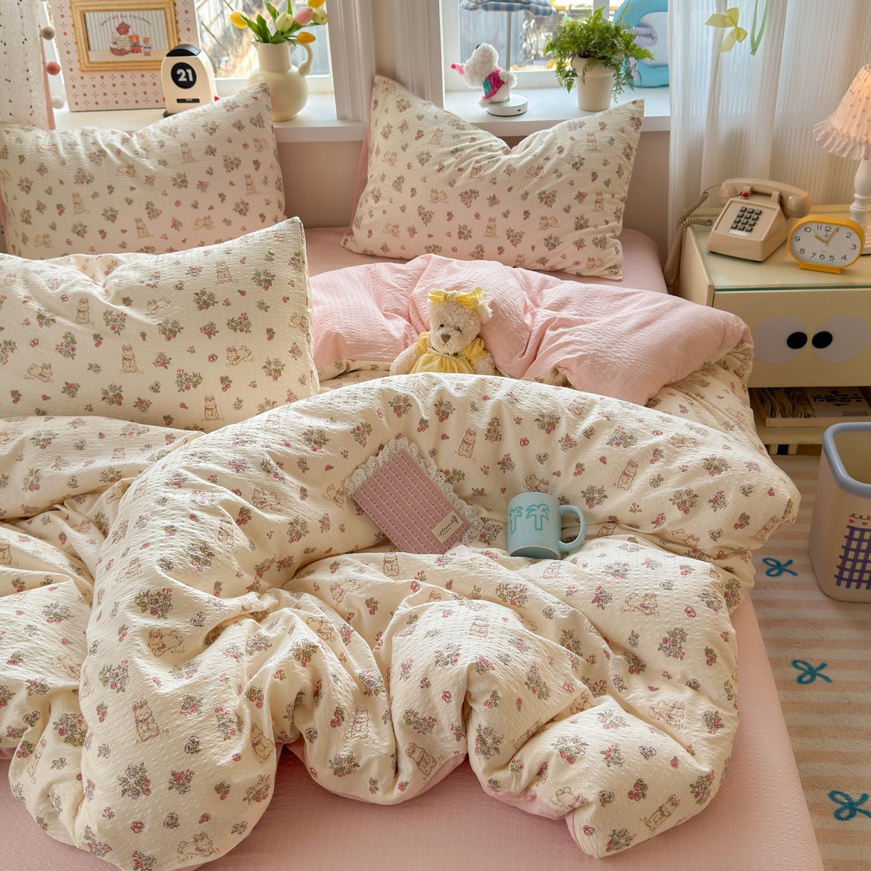 91家纺网 家纺一手货源 找家纺 优承佳生活馆 2026年新款卡通小清新风格高克重超柔软糯泡芙双层纱面料三件套四件套单被套系列 花间兔语