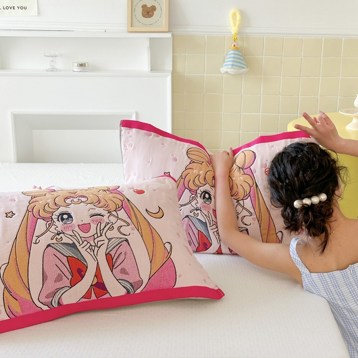 91家纺网 家纺一手货源 找家纺 朴尔家纺-毛巾被 2026新款多彩八层全棉纯棉加厚纱布枕巾 元气少女-粉