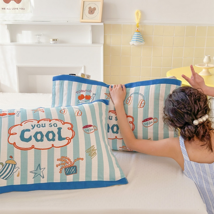 91家纺网 家纺一手货源 找家纺 朴尔家纺-毛巾被 2026新款多彩八层全棉纯棉加厚纱布枕巾 彩色蓝条纹