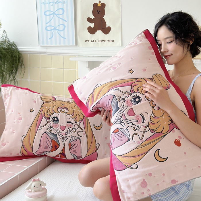 91家纺网 家纺一手货源 找家纺 朴尔家纺-毛巾被 2026新款多彩八层全棉纯棉加厚纱布枕巾 元气少女-粉