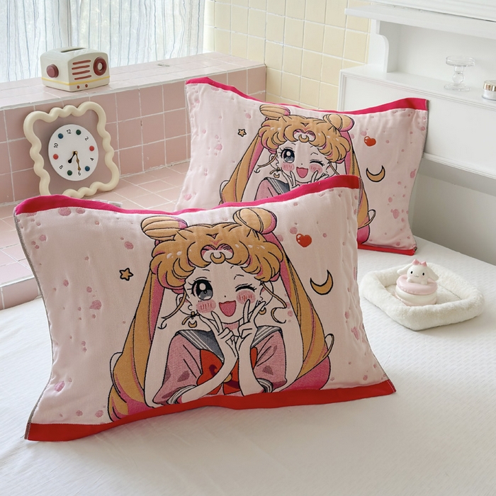 91家纺网 家纺一手货源 找家纺 朴尔家纺-毛巾被 2026新款多彩八层全棉纯棉加厚纱布枕巾 元气少女-粉