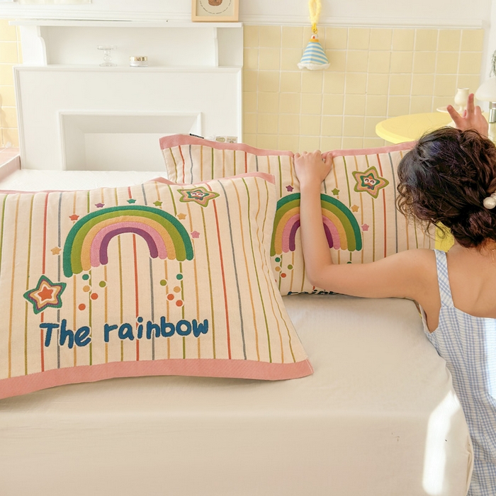 91家纺网 家纺一手货源 找家纺 朴尔家纺-毛巾被 2026新款多彩八层全棉纯棉加厚纱布枕巾 彩虹糖果