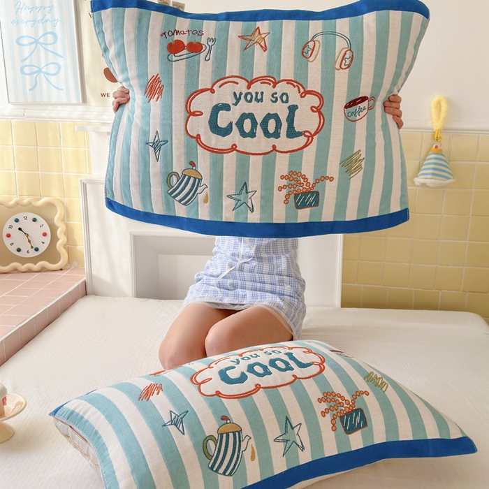 91家纺网 家纺一手货源 找家纺 朴尔家纺-毛巾被 2026新款多彩八层全棉纯棉加厚纱布枕巾 彩色蓝条纹