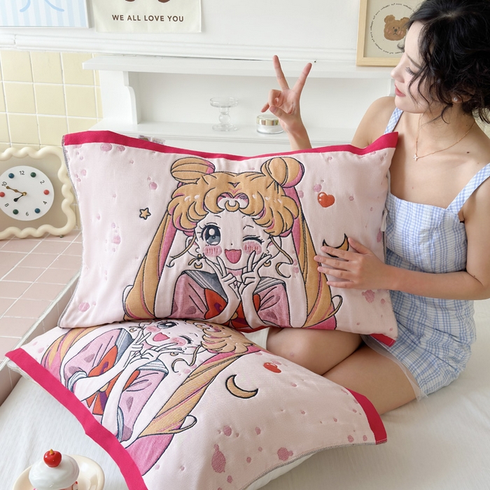 91家纺网 家纺一手货源 找家纺 朴尔家纺-毛巾被 2026新款多彩八层全棉纯棉加厚纱布枕巾 元气少女-粉