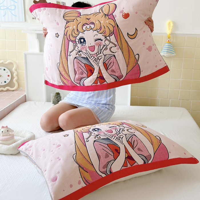 91家纺网 家纺一手货源 找家纺 朴尔家纺-毛巾被 2026新款多彩八层全棉纯棉加厚纱布枕巾 元气少女-粉