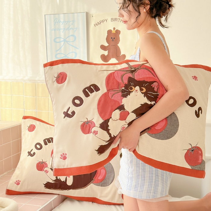 91家纺网 家纺一手货源 找家纺 朴尔家纺-毛巾被 2026新款多彩八层全棉纯棉加厚纱布枕巾 西红柿猫