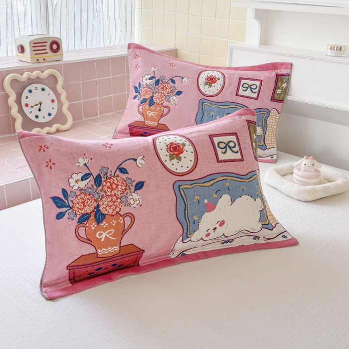 91家纺网 家纺一手货源 找家纺 朴尔家纺-毛巾被 2026新款多彩八层全棉纯棉加厚纱布枕巾 贪睡小白