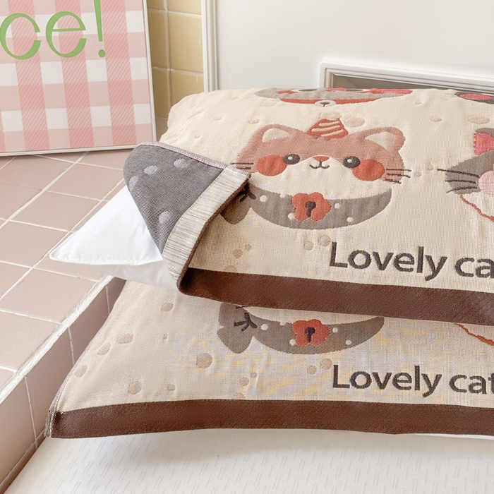 91家纺网 家纺一手货源 找家纺 朴尔家纺-毛巾被 2026新款多彩八层全棉纯棉加厚纱布枕巾 酷酷猫