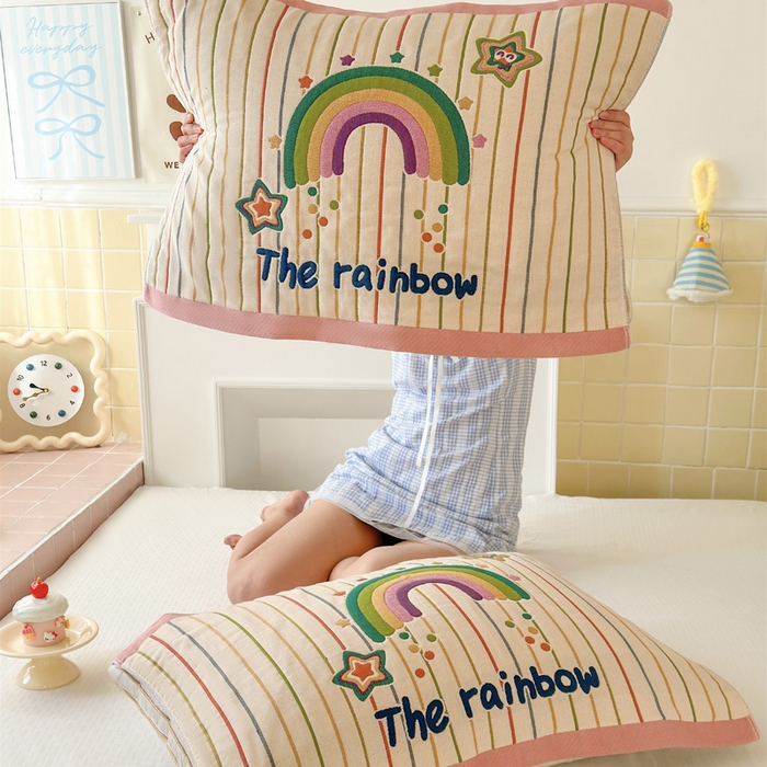 91家纺网 家纺一手货源 找家纺 朴尔家纺-毛巾被 2026新款多彩八层全棉纯棉加厚纱布枕巾 彩虹糖果