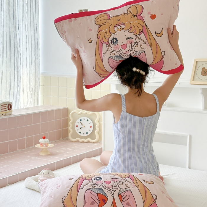 91家纺网 家纺一手货源 找家纺 朴尔家纺-毛巾被 2026新款多彩八层全棉纯棉加厚纱布枕巾 元气少女-粉