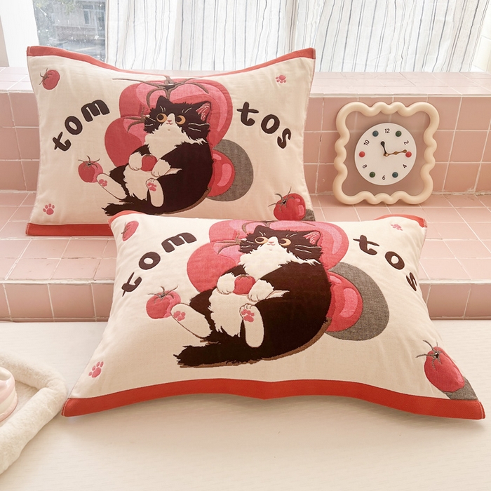 91家纺网 家纺一手货源 找家纺 朴尔家纺-毛巾被 2026新款多彩八层全棉纯棉加厚纱布枕巾 西红柿猫